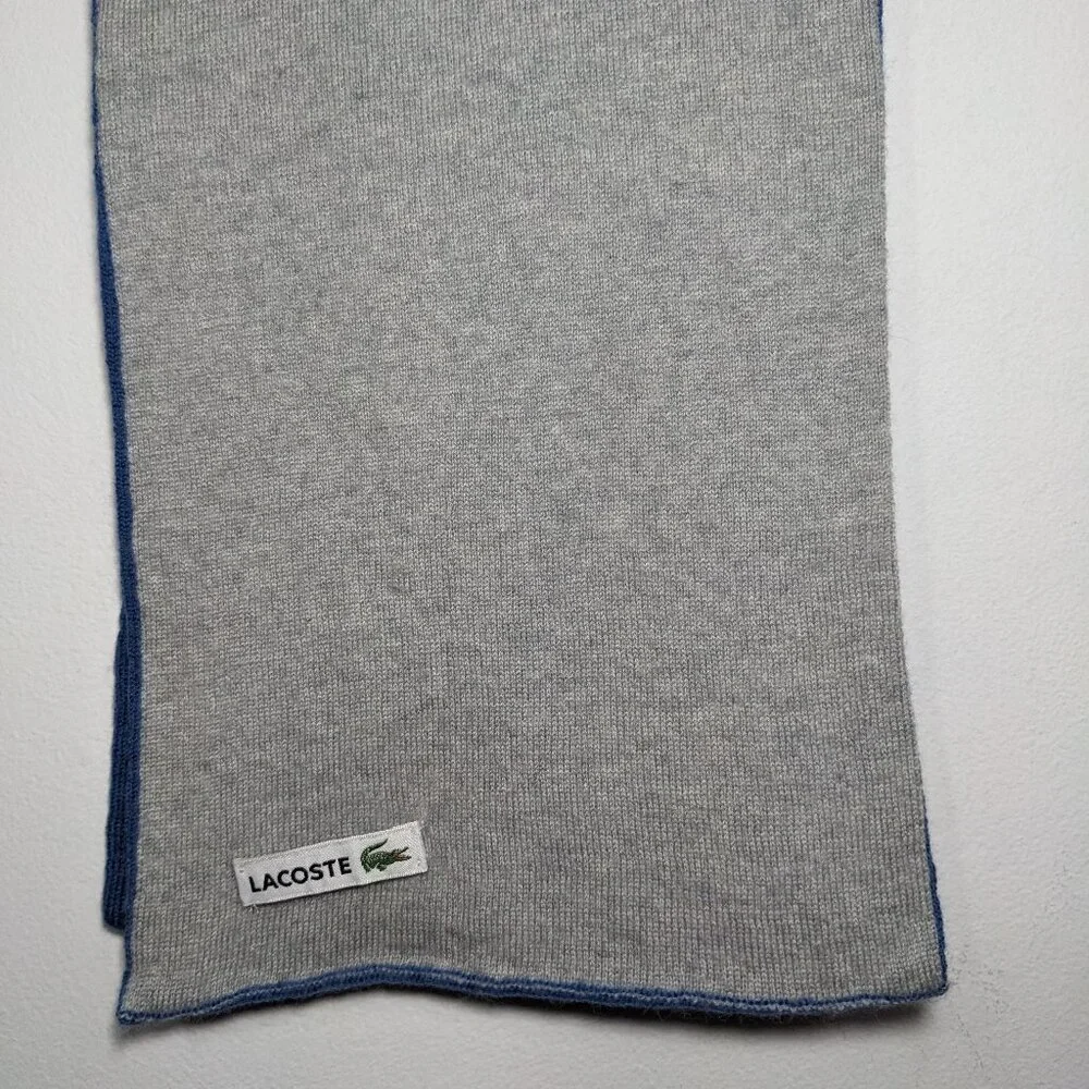 LACOSTE Reversible Crocodile Merino Wool Scarf Blue Gray Mens 73.5